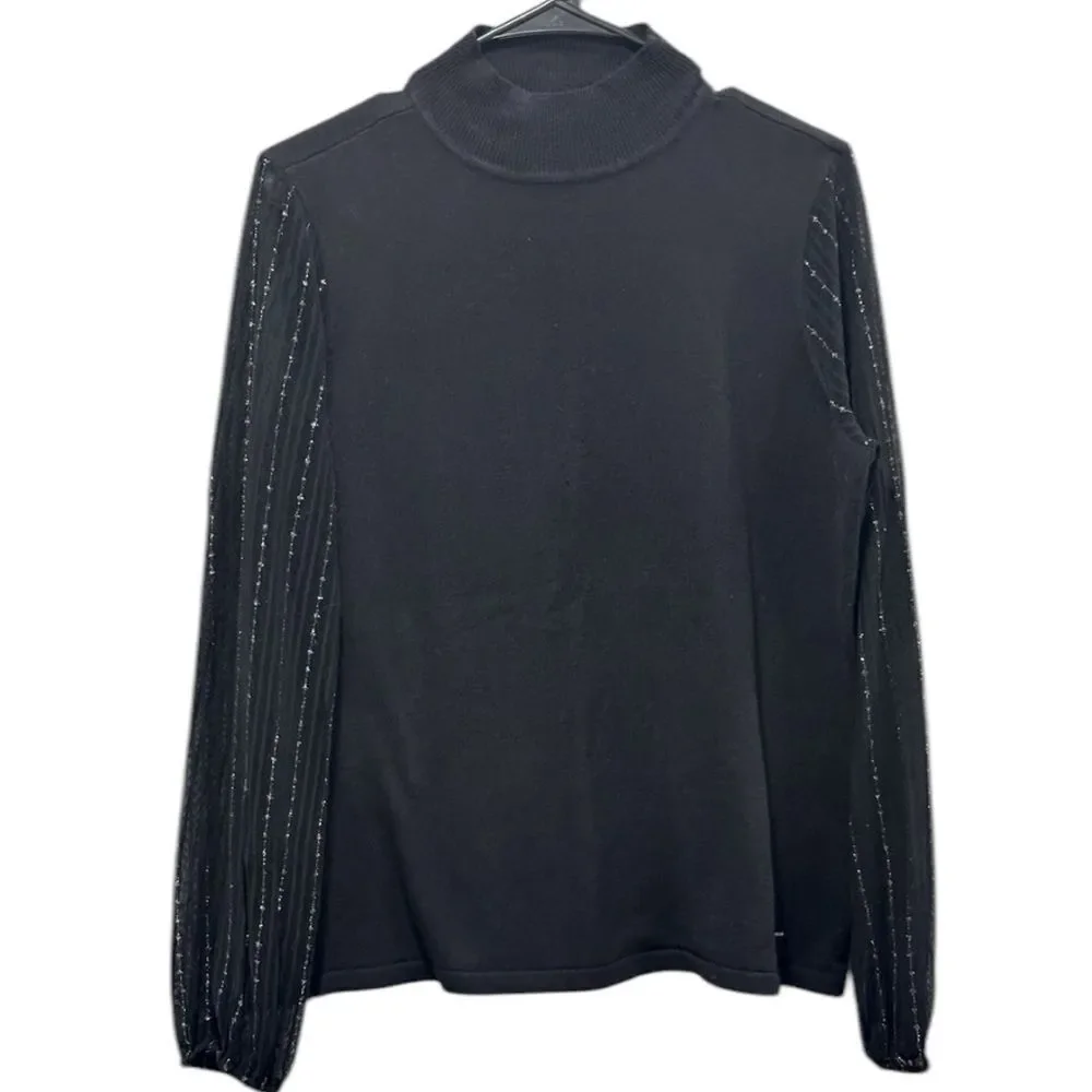 ANNE KLEIN Mock High Neck Mesh Metallic Sheer Sleeves Black Viscose Sweater M - Picture 1 of 10